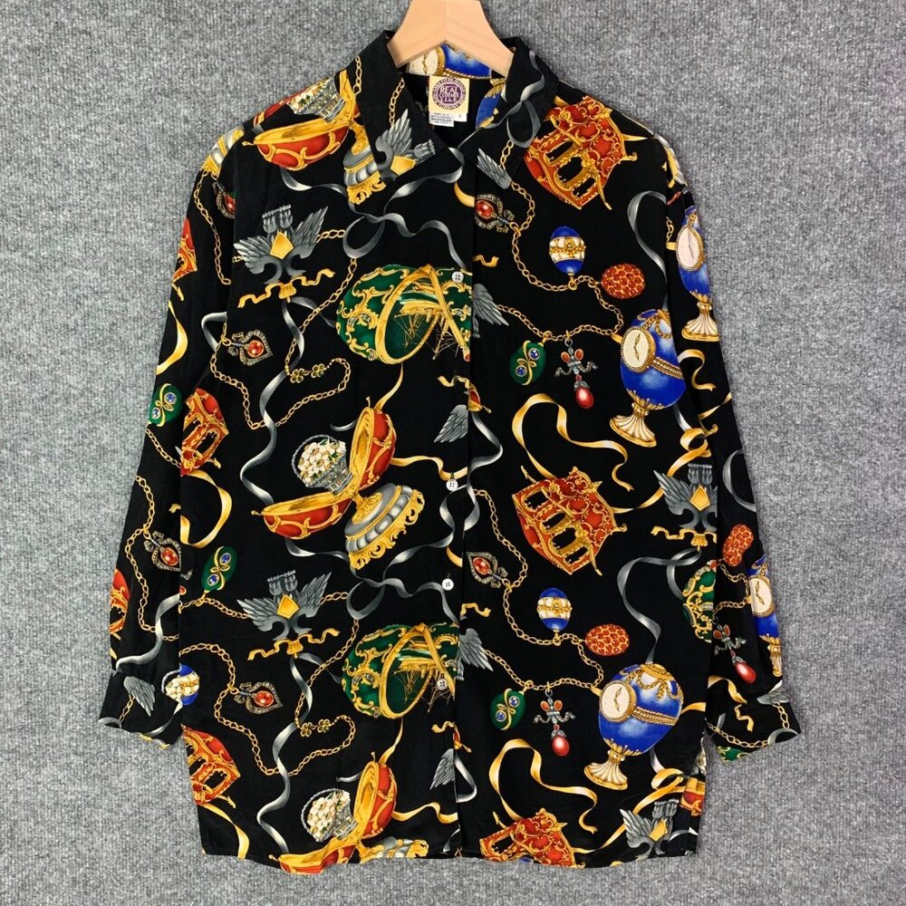 VTG RARE Saks Fifth Avenue Real Clothe 100% Silk Small Button down Printed Shirt